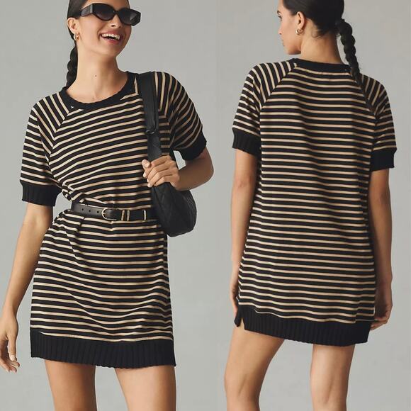 Sundays Perry Dress Black Tan Stripe Sweatshirt Sweater Dress Raglan Anthro - Picture 1 of 8